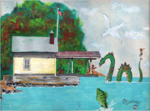 Champy in front of Rosslyn's boathouse (Art: Sid Couchey)