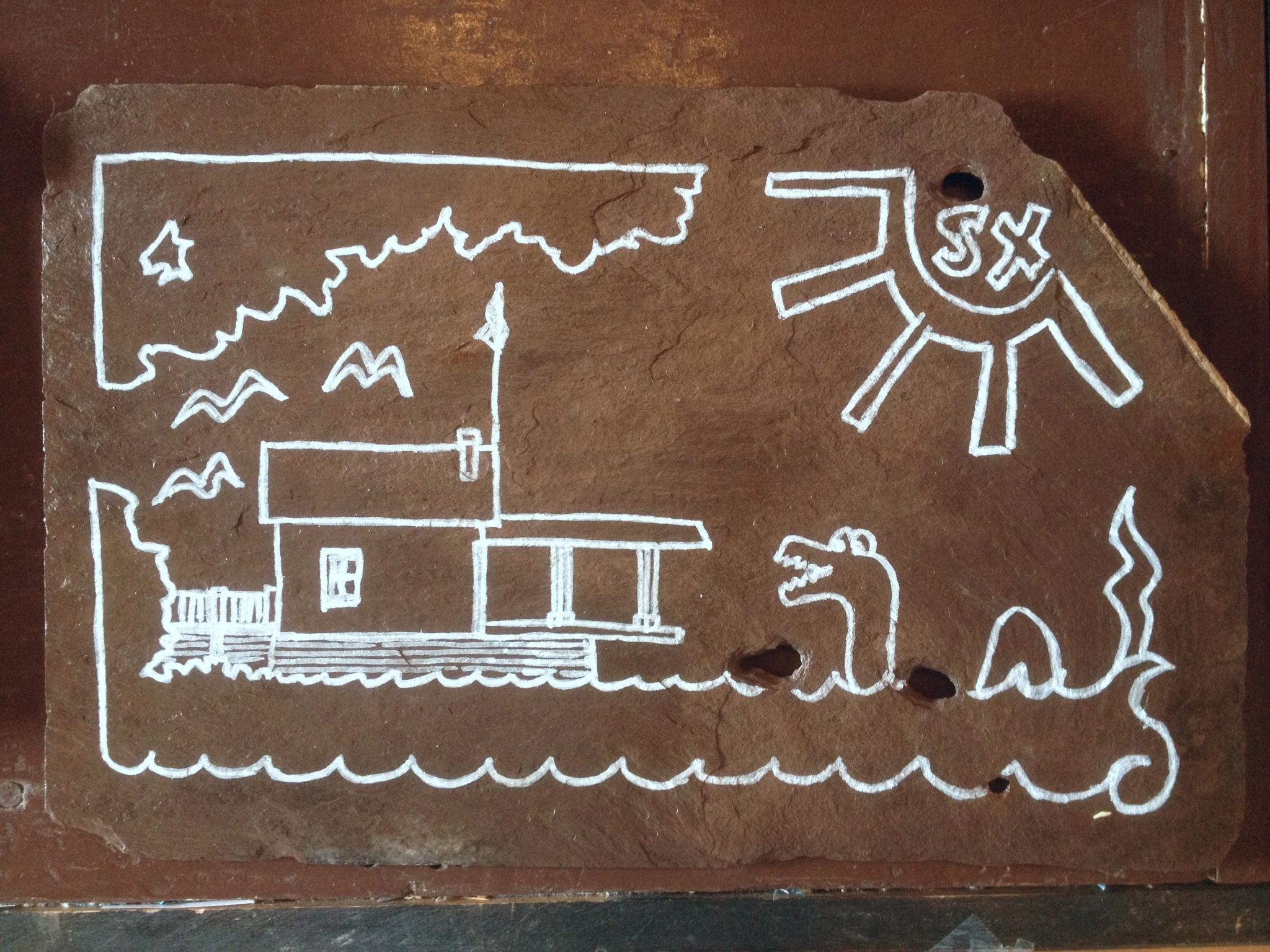 Rosslyn boathouse doodle on a slate for Adirondack Art Association fundraiser