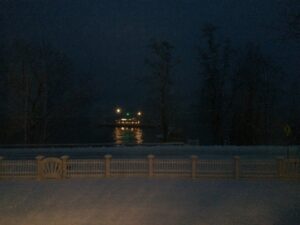 Essex-Charlotte ferry adrift perilously close to Rosslyn boathouse on 10 December 2014.