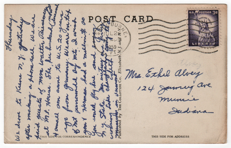 Rear of vintage Rosslyn postcard addressed to Mrs. Ethel Alvey.