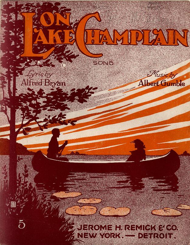 Color lithograph of cover for sheet music of "On Lake Champlain" by Alfred Bryan and Albert Gumble.