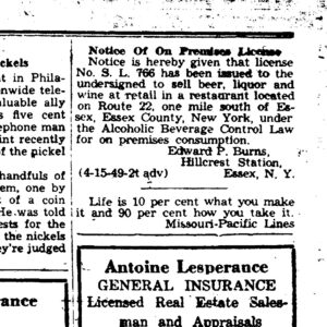 Hillcrest Station Notice 1949 (Source: Essex County Republican, April 15, 1949, p4)