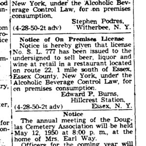 Hillcrest Station Notice 1950 (Source: Permalink: Essex County Republican, May 05, 1950, p8)