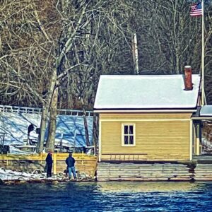 Midwinter Mending: repairing boathouse railing, December 22, 2021 (Photo: Cheri Phillips)