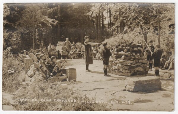 Campfire, Camp Cherokee, Willsboro, NY (postcard, front)