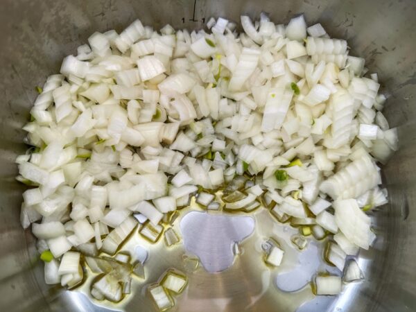 Sautéing Chopped Onions for Elk Green Chile Stew (Photo: Geo Davis)