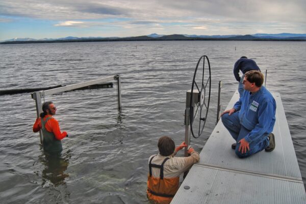 Installing Boatlift with Mark, Tom, and Doug on April 30, 2010 (Photo: Susan Bacot-Davis)