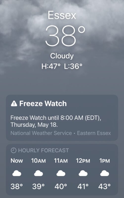 High Tunnel Hubris​: Freeze Watch (Source: Apple Weather)