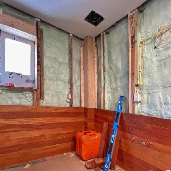 Garapa Paneling Progress in Icehouse Bathroom (Photo: R.P. Murphy)