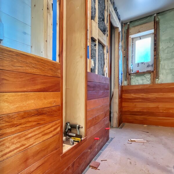 Garapa Paneling Progress in Icehouse Bathroom (Photo: R.P. Murphy)