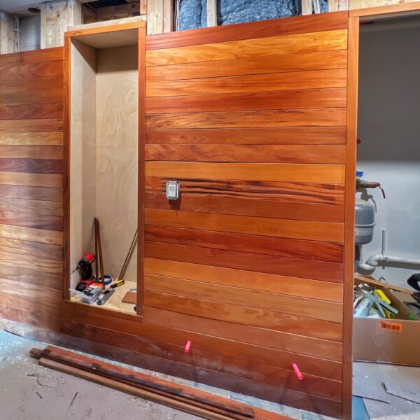 Garapa Paneling Progress in Icehouse Bathroom (Photo: R.P. Murphy)