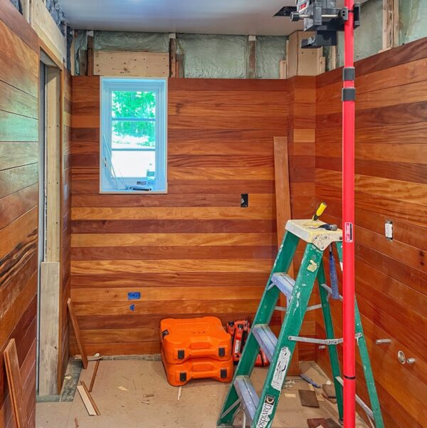 Garapa Paneling Progress in Icehouse Bathroom (Photo: R.P. Murphy)