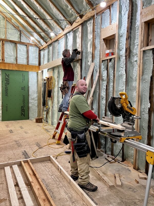 January 2023 Framing Flashback: Hroth and Matt Framing Icehouse Interior (Photo: R.P. Murphy)