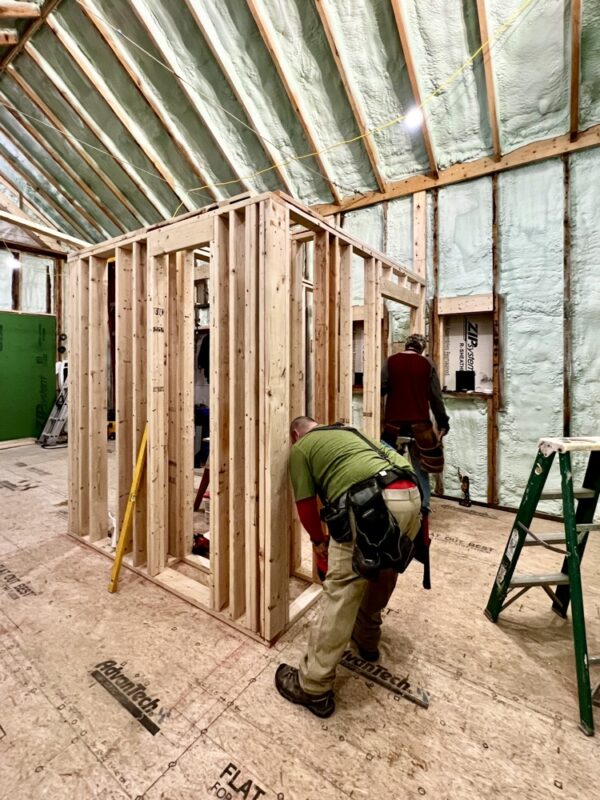 January 2023 Framing Flashback: Matt and Hroth Framing Bathroom/Mechanical Room Wall (Photo: R.P. Murphy)