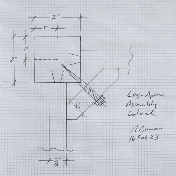 Ron's Leg-Apron Assembly Detail for Bistro Table (Drawing: Ron Bauer)