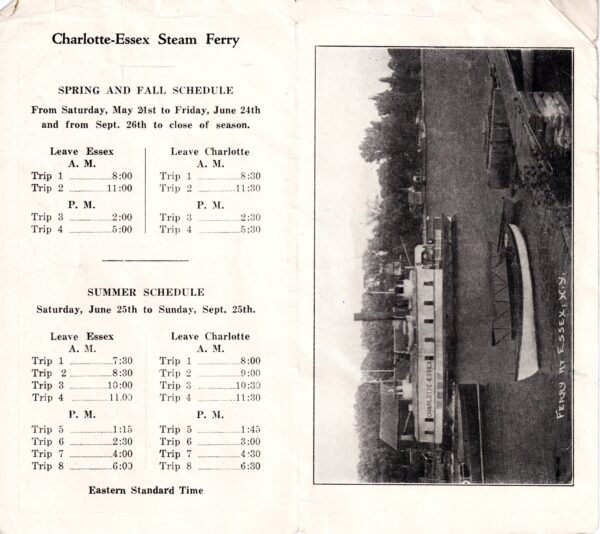 Charlotte-Essex Steam Ferry Schedule (Source: Vintage Brochure)